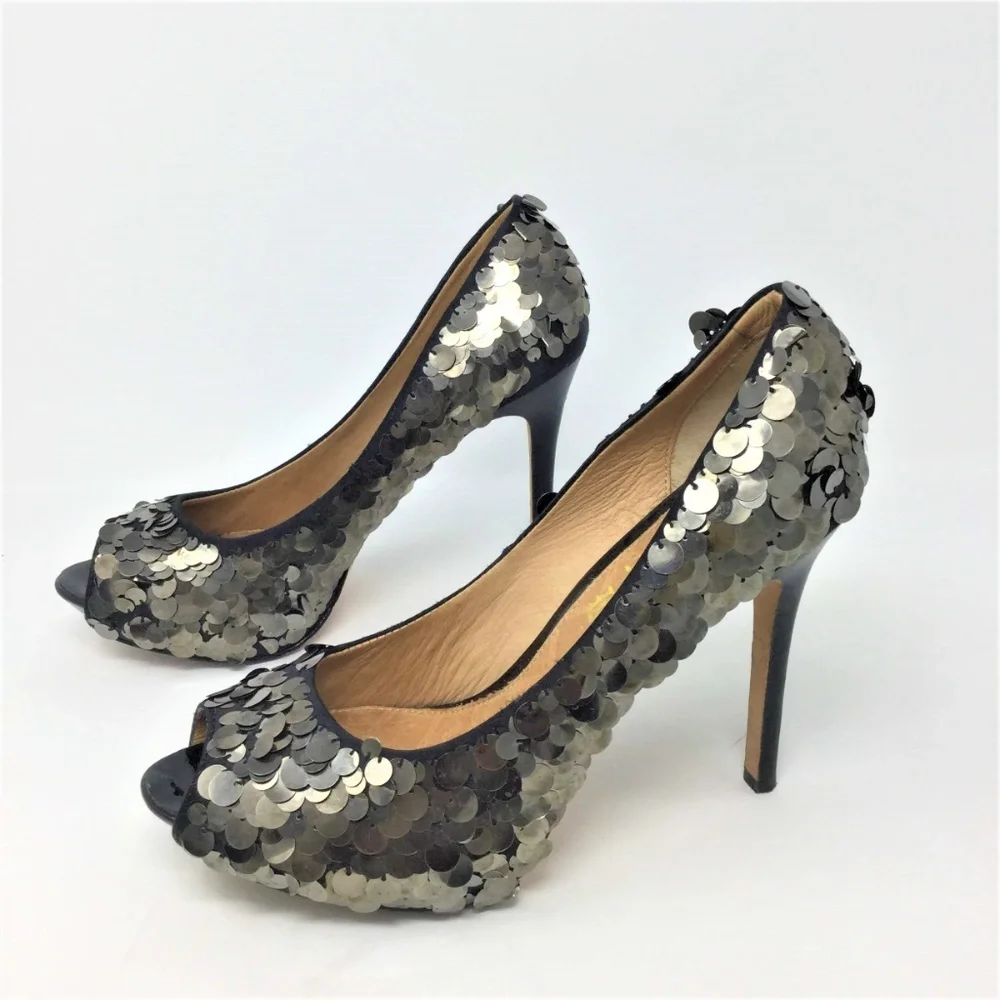 LAMB Sequin Heels Gold Peep Toe Platform Pumps 8.5